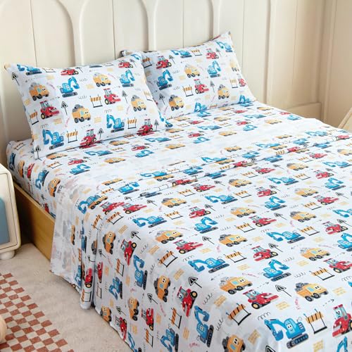 Homilay Full Sheets Set Kids - 4 Piece Engineering Car Sheets for Boys, Girls, Teens, Toddler, Easy Fit Deep Pockets, Breathable, Wrinkle-Free, Cozy Soft Cartoon Print Cute Bed Sheets
