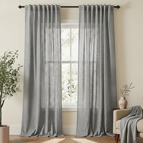 Mrs.Naturall Grey Back Tab Linen Blend Sheer Curtains for Living Room 52x108 Inch Length