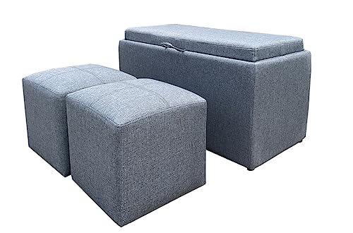 ASPECT Carey Storage Bench With 2 Side Ottomans (Grey Linen)