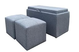 ASPECT Carey Storage Bench With 2 Side Ottomans (Grey Linen)