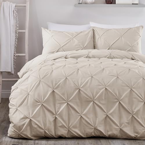 Serene Lindly Pintuck Duvet Cover – Natural – King Size (230 x 220cm) – Soft Touch Microfibre – Diamond Pinch Pleat – Luxury Puckered Bedding