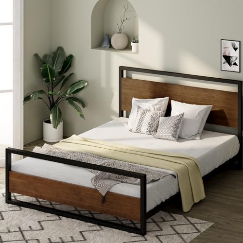 Zinus Suzanne Metal Bed Frame with Wooden Headboard & Footboard - Single 90x190 cm - 18 cm High - Low Profile - Wood Slat Support - For Adults, Kids, Teenagers - Easy Assembly - Black & Brown