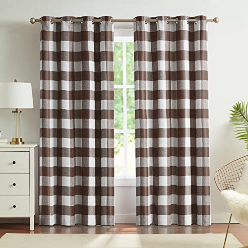 Melodieux Buffalo Check Plaid Blackout Curtains 54 Inches Long for Bedroom, Living Room Thermal Insulated Room Darkening Grommet Drapes, Brown, 50 x 54 Inch, 2 Panels
