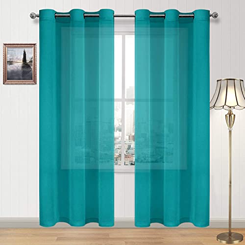 DWCN Semi Sheer Curtains, Grommet Top Window Sheer Curtains Drapes for Bedroom Living Room, Faux Linen Look Voile Transparent Solid Semi Drapes Set of 2 Panels 46 x 84 Inches Long, Turquoise