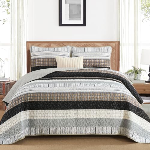 "DJY Striped Quilt Set King Size, Brown Boho Bedspread Set 3 Pieces Patchwork Coverlet Bedding Set Lightweight Soft Microfiber for All Season (104""x90"")"