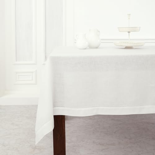 Solino Home 100% Pure Linen Tablecloth White, Classic Hemstitch 60 x 156 in - Classic Hemstitch Table Cloth For Fall, Thanksgiving & Christmas Dining, Home Decor, Indoor & Outdoor Use, Parties, Gifting