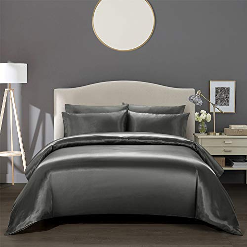 AiMay 3 Piece Satin Duvet Cover Set Bedding Sets Luxury Rich Silk Silky Super Soft Solid Color Reversible Stain-Resistant Wrinkle Free (Queen, D-Grey)