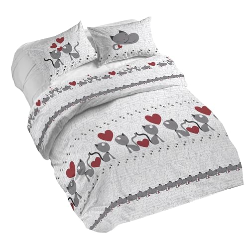 PENSIERI DELICATI 100% Cotton Double Duvet Cover Set, Complete with 250 x 200 cm Sleeping Bag and 2 Pillowcases 52 x 82 cm, Made in Italy, Duvet Cover Machine Washable At 40 Degrees, Grey Cats Design