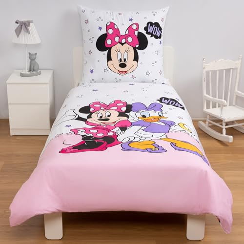 Disney Home Mınnıe Mouse 2-Piece Bed Linen Set 140 x 200 cm and Pillowcase 60 x 70 cm 100% Cotton Super Soft Double-Sided Children's Bed Linen for Girls