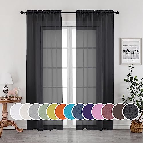 OWENIE Sheer Curtains 84 Inch Length 2 Panels Voile Sheer Curtains for Living Room Bedroom 2 Pack 42W x 84L Inches Black