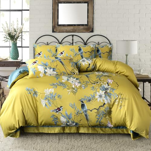 TISPLR Duvet Cover Queen Floral Birds Soft Cotton 3 Pieces Chic Garden Tree Branches Flowers Birds Pattern Queen Duvet Cover with Zipper Closure Luxury Soft Breathable Comfy