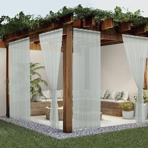 youleyar Sheer Outdoor Curtains for Patio Waterproof 4 Panels Linen Look Rod Pocket Indoor Grey Voile Curtain for Living Room, Bedroom, Porch, Pergola, Cabana, Gazebo(52x108 Inch, Gray)