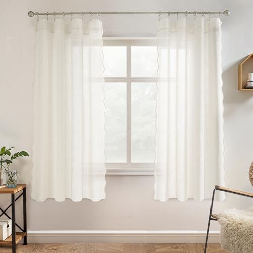 DriftAway Semi Sheer Scalloped Edge Linen Coastal Beach Window Curtains for Living Room Bedroom 2 Panels Rod Pocket Each Size 52 Inch by 63 Inch Taupe