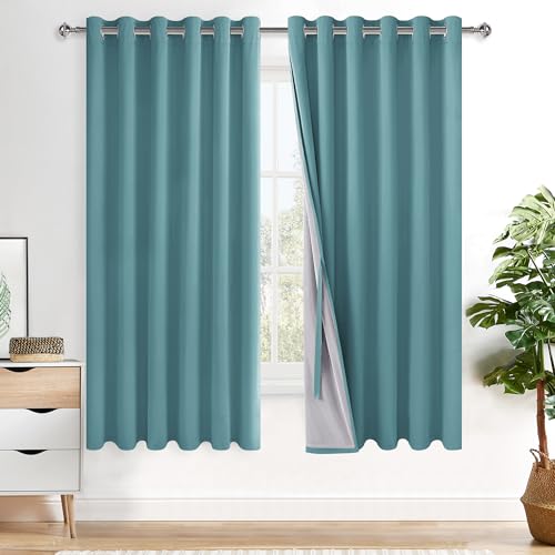 XWZO 100% Blackout Curtains - Thermal Insulated Black Liner Curtains, Noise Reducing and Heat Blocking Drapes for Hall and Studio Windows with Tiebacks, Stone Blue, W70 x L63, Set of 2