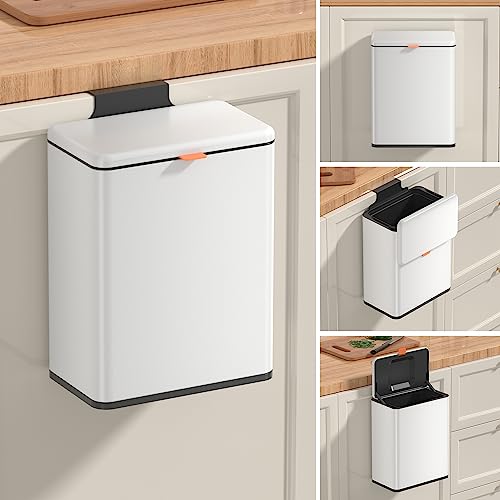 Mbillion 2.1 Gal White Hanging Stainless Steel Compost Bin - 8L trash can with lid, cabinet & under sink door mount design, for kitchen, RV and bathroom food waste storage