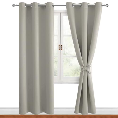 Hiasan Blackout Curtains for Bedroom, 42 x 84 Inches Long - Thermal Insulated & Light Blocking Window Curtains for Living Room/Kids Room, 2 Drape Panels Sewn with Tiebacks, Taupe