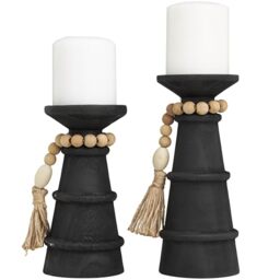 "Deco 79 Wood Handmade Textured Matte Candle Holder with Beaded Garland Accent, Set of 2 10"", 8"" H, Black"