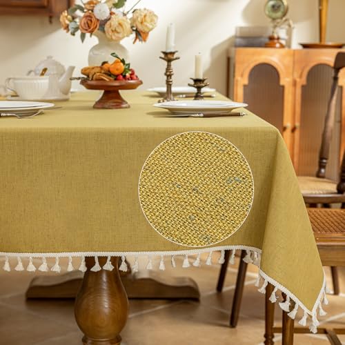 AmHoo Linen Blend Tablecloth Table Cloth 280 GSM Stitching Tassel Rectangle Decorative Natural Table Cover for Kitchen Dinning Wedding Buffet 55??55 inch Primrose Yellow