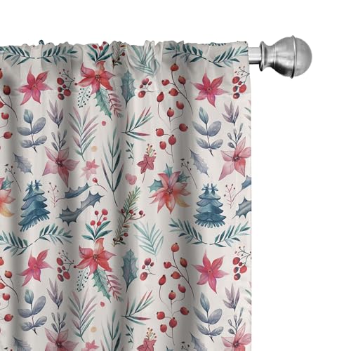 "Ambesonne Christmas Curtains, Xmas Floral with Traditional Flowers and Leaves Illustration, Window Treatments 2 Panel Set for Living Room Bedroom, Pair of - 28"" x 84"", Hot Pink and Pale Petrol Blue"