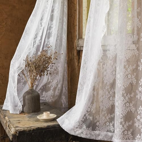 "YJ YANJUN Sheer Curtains 90 inches Long White 2 Panels Set Elegant Look Lace French Country Curtains for Living Room Patio Sliding Door Winter Holiday Drapes 52"" W x 90"" L Bright White"