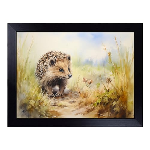 Lap Tray with Bean Bag Cushion, Hedgehog Watercolour - Handmade in the UK, Raised Wooden Edge, Padded Cushion, Heat-Resistant Wipe-Clean Surface, for Meals, Laptops and Crafts