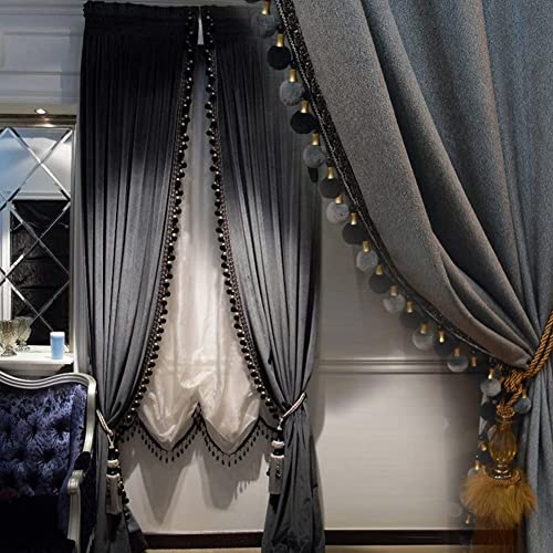Helen curtain Luxury Pom Poms Curtain for Living Room Blackout Velvet 2 Panels Curtains Set Luxury Tassel Bedroom Curtains (Iron-Grey,???50W??108L?????2)