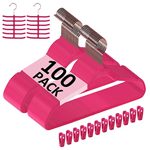VECELO Premium Velvet Clothes Hangers Suit Heavy Duty (100 Pack)-Non Slip & Space-Saving with 12 Finger Clips & 2Tie Rack Excellent for Men and Women,Rose