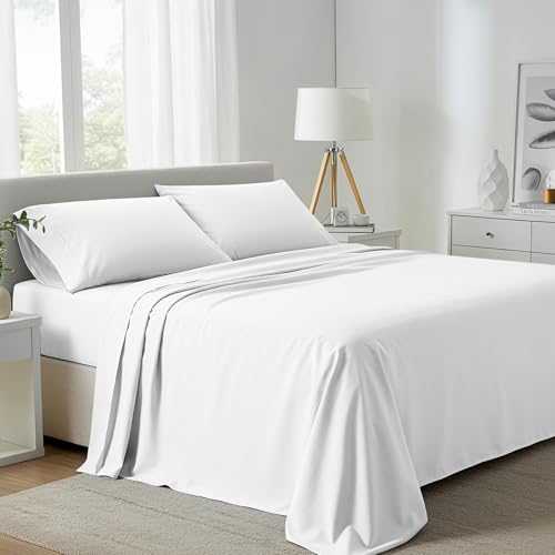 "Carressa Linen 100% Egyptian Cotton King Size Sheets Set - 800 Series Tulips Collection Egyptian Cotton Sheets King Size (4 PC, Crisp White), 16"" Deep Pocket Sateen Weave Luxury Bed Sheet"
