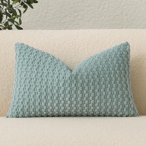 UGASA Velvet 12x20 Inch Lumbar Throw Pillow Cover, Both Sides Corduroy Striped, Soft Solid Decorative Rectangular Cushion Case for Couch/Bedroom/Car, 1 Piece, Aqua Green