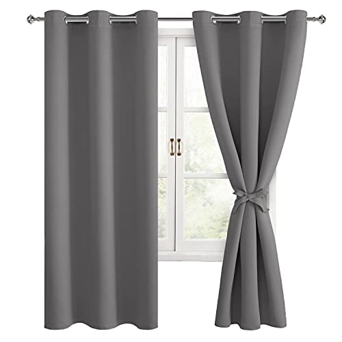 Hiasan Blackout Curtains for Bedroom, 42 x 63 Inches Length - Thermal Insulated & Light Blocking Window Curtains for Living Room/Kids Room, 2 Drape Panels Sewn with Tiebacks, Light Grey