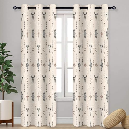 Aztec Western Curtains Tribal Bull Skull Bedroom Curtain 2 Panels, 42x84in - Tribal Rustic Boho Blackout Curtain, Cowboys, Ethnic Native, Southwestern Farmhouse Window Drapes for Kitchen Living Room