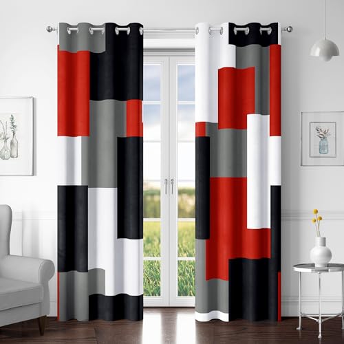 Tyrot Red Black 100% Blackout Curtains for Bedroom 96 inch Long 2 Panels Set White Grey Modern Abstract Geometric Black Out Curtains Insulated Room Darkening Window Drapes for Living Room, 52Wx96L