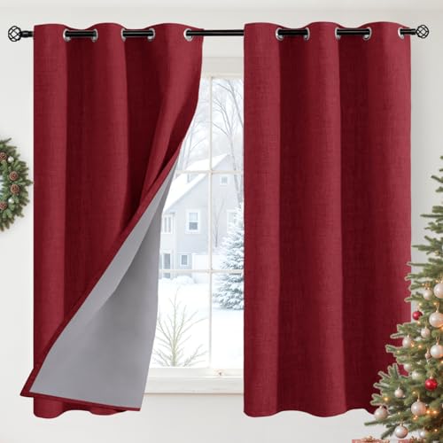 YoungsTex Burgundy Linen Blackout Curtains 48 Inches Long for Bedroom, Small Window Drapes with Grommet Thermal Insulated Light Blocking for Chirstmas Kitchen, 2 Panels, 42 X 48 Inch