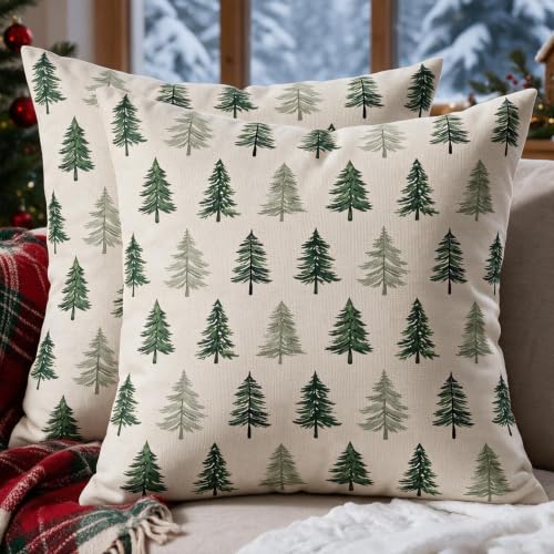 Christmas Pillow Covers 18x18 Inch Set of 2 Green Grey Cream Winter Tree Farmhouse Forest Xmas Block Print Decorative Throw Pillowcases Outdoor Seasonal Holiday Cushion Cases Sofa Couch Bed Decor