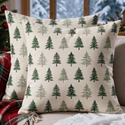 Christmas Pillow Covers 18x18 Inch Set of 2 Green Grey Cream Winter Tree Farmhouse Forest Xmas Block Print Decorative Throw Pillowcases Outdoor Seasonal Holiday Cushion Cases Sofa Couch Bed Decor