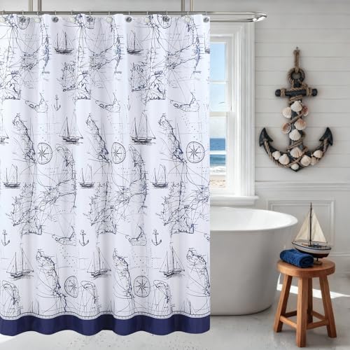 "DS BATH Aviation Nautical Shower Curtains,Mildew Resistant Fabric Shower Curtain,Navy Shower Curtains for Bathroom,Print Bathroom Curtains,Waterproof Decorative Bath Curtains,54"" W x 78"" H"
