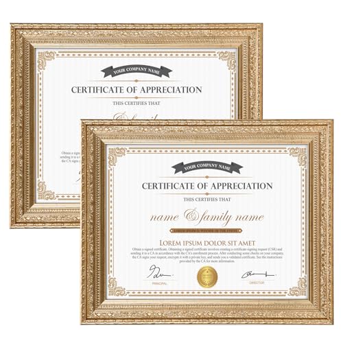 Edenseelake 8.5 x 11 Picture Frames Set of 2, Vintage Gold 8.5 x 11 Diploma Certificate Frame for Tabletop or Wall Display