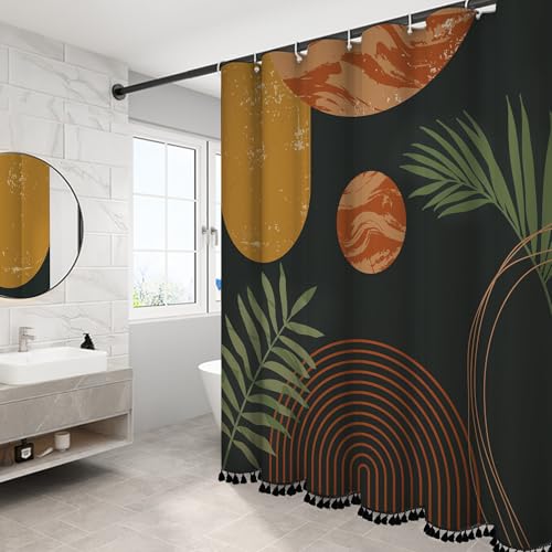 "GiuMsi Boho Mid Century Leaf Shower Curtain Set,Arch Sun Design,Minimalistic Leaves Pattern,Waterproof and Luxurious Fabric-12 Hooks(Coffee Brown-72"" x 72"")"