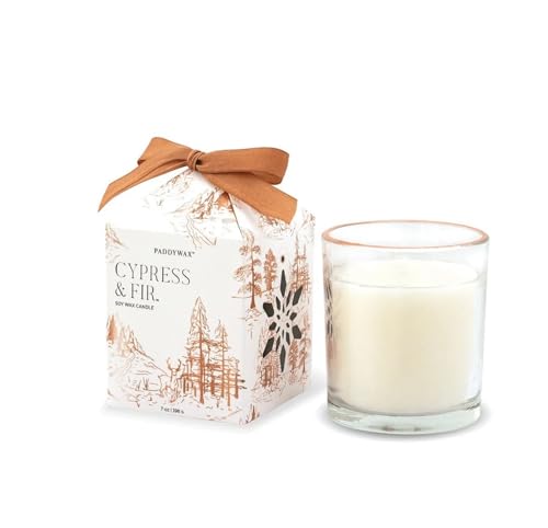 Paddywax Holiday Candles Cypress & Fir Glass Votive Luxury Artisan Scented Candle, 198g, White