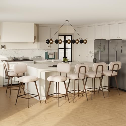 MALOL PU Leather Breakfast Bar Stools Set of 6, Swivel Kitchen Bar Chairs with Backrest and Metal Legs, Modern Barstools Counter with Anti-Slip Pads for Kitchen Island, Dining Room, Beige