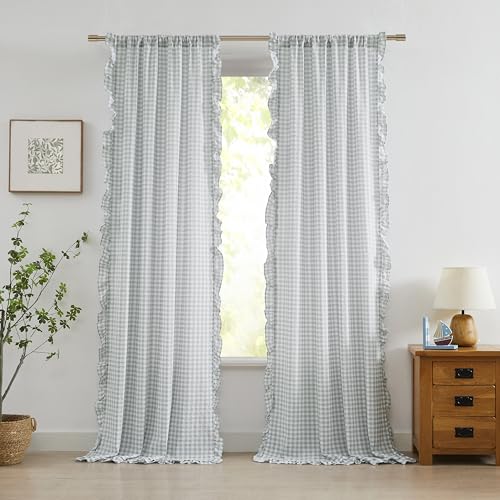 "ZJDECOR 95 Inch Grey Buffalo Plaid Sheer Curtains with Ruffle Edges - Farmhouse Not-See-Through Sheer Drapes,Neutral Crinkle Bedroom Living Room Window Treatment,Rod Pocket,40""Wx95""Lx2"