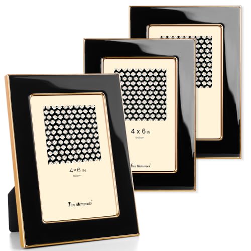 Fun Memories 4x6 Picture Frame - 3pcs Black Enamel Glass Photo Frame with Gold Metal Edge & Easel for Display Picture Frame on Countertops, Tabletops, Bookshelves, Desks, Walls (Black/Gold)