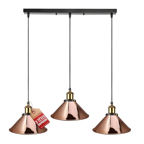 LEDSone 3 Head Rose Gold Vintage Industrial Ceiling Hanging Light Shade Loft Style Metal Ceiling Pendant Lamp for Kitchen Island, Living Room, Dining Room E27 UK Holder Kit, Rose Gold, Cone