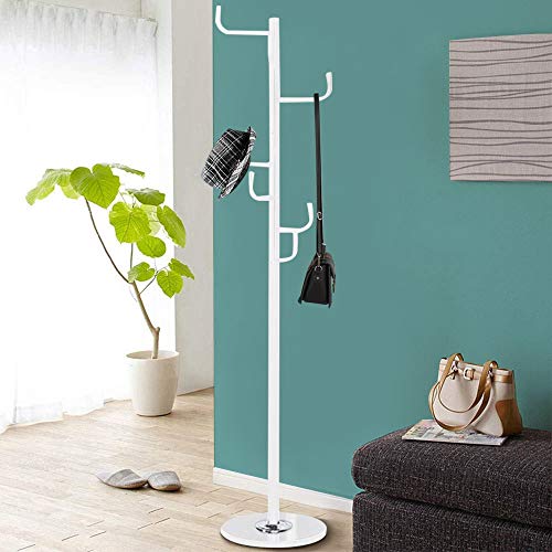 BAKAJI Coat Hook Design Floor Lamp Metal with 6 Hooks for Clothes and Marble Base Size 38 x 38 x 176 cm (White)