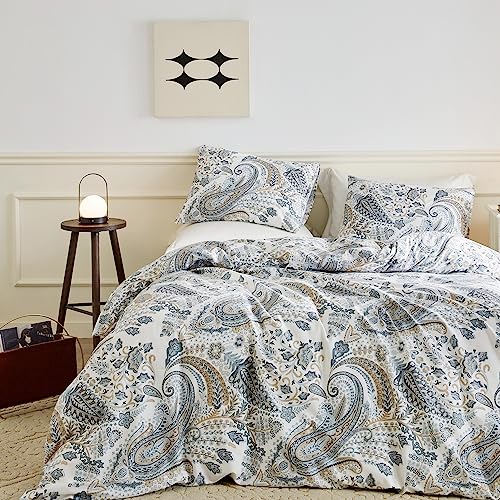 SUSYBAO Paisley Duvet Cover Queen 100% Cotton 3 Pcs Set 1 European Bohemian Flower Duvet Cover with Zipper Ties 2 Pillowcases Vintage Blue Boho Floral Bedding Set Soft
