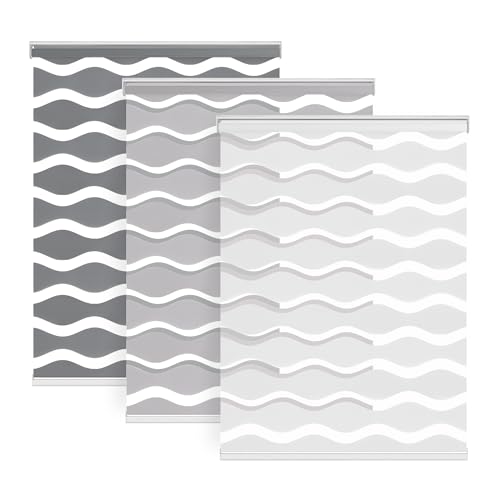 "LazBlinds No Drill Cordless Zebra Blinds, 29"" W x 48"" H, Grey - Dual Layer Light Control Roller Shades, Light Filtering Sheer Shades"