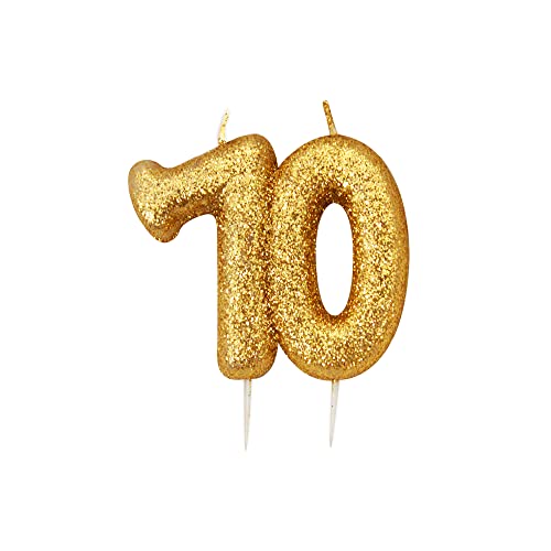 70th Birthday Candle, Metallic Gold Glitter Number 70 Cake Topper, 70th Birthday Cake Decoration for Men/Women, 7cm