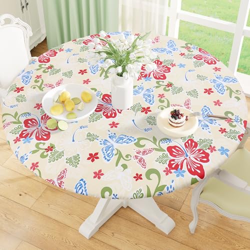 "misaya Round Fitted Tablecloth with Elastic Edge, 100% Waterproof Oil Proof Plastic Table Cover, Vinyl Flannel Backed Tablecloth Fits 57""-66"" Round Tables for Dinner, Outdoor, Picnic, Butterfly"