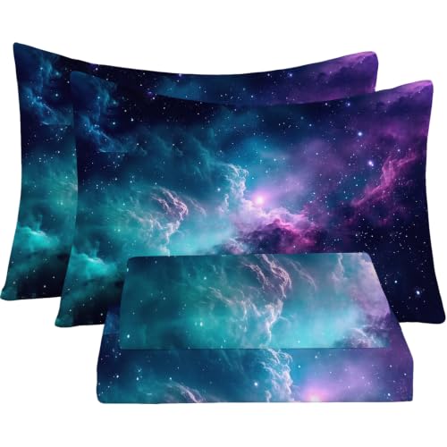 FUYEUN Blue Galaxy Sheet Set Twin: Space Bedding Set for Kids Teens Girls Boys Cloud Starry Sky Bedroom Bed - 1 Flat Sheet, 1 Fitted Sheet, 1 Pillowcase