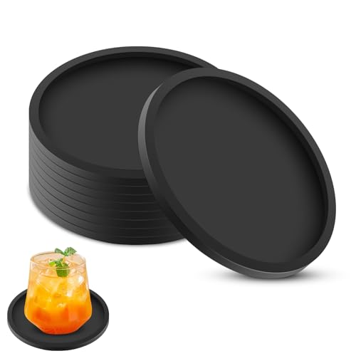 elzle 8 Black Coasters, Silicone Coasters for Drinks, Round Mugs Coasters - Non-Slip Cup Mats for Coffee, Beer, Wine Glass, Bottle, Home & Bar